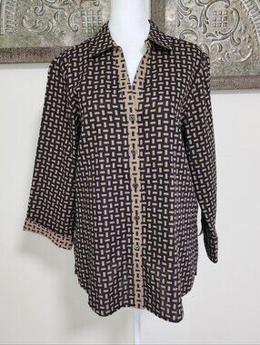 Foxcroft Black and Tan Geometric Button-Down Shirt